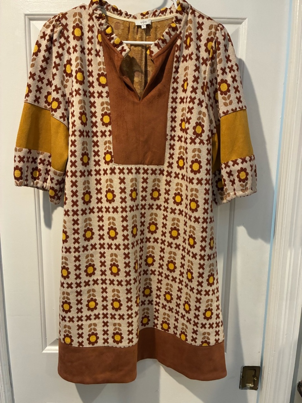 VOY Mustard & Rust Floral Patchwork Midi Dress